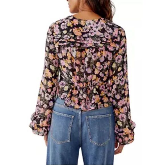 Free People Maybel Blouse Top Shirt Tie-up Floral Black Combo Large L NWT - Picture 8 of 12